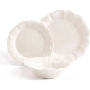 12pc White Scalloped Dinnerware Set Ceramic Plates Bowls Service for 4